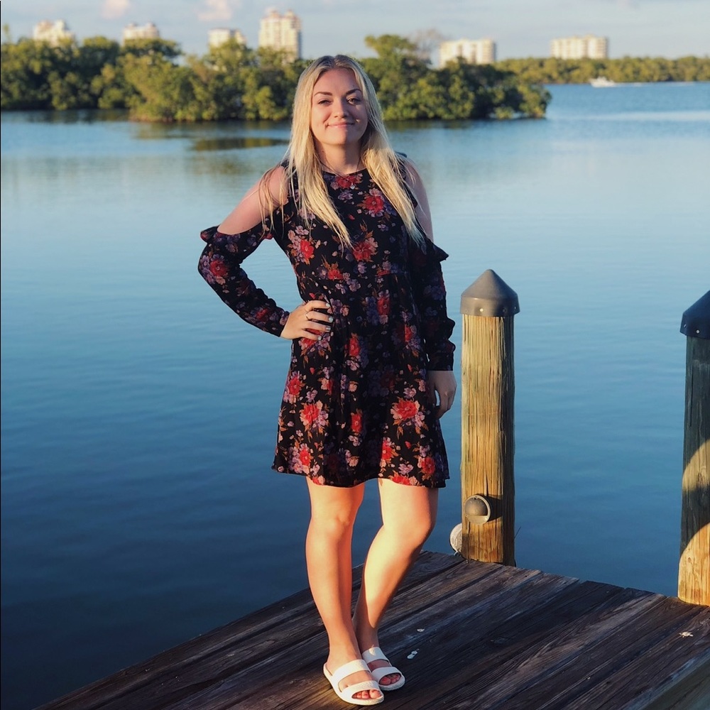 floral shoulder cut out dress